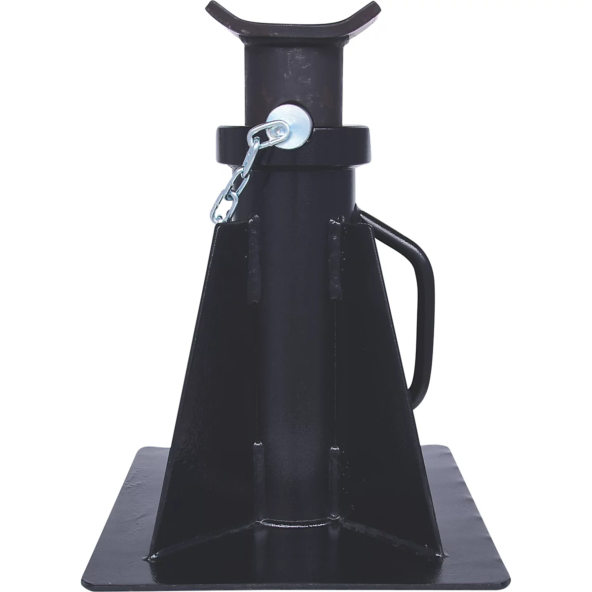 Schwarze, solide Wagenheberstütze, mit Halterung und Kette. Die Stütze steht auf einer quadratischen Basis.